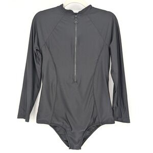 LYRA Swim Rash Guard Bodysuit Womens XL Black Long Sleeve Zip Front Modest Surf
